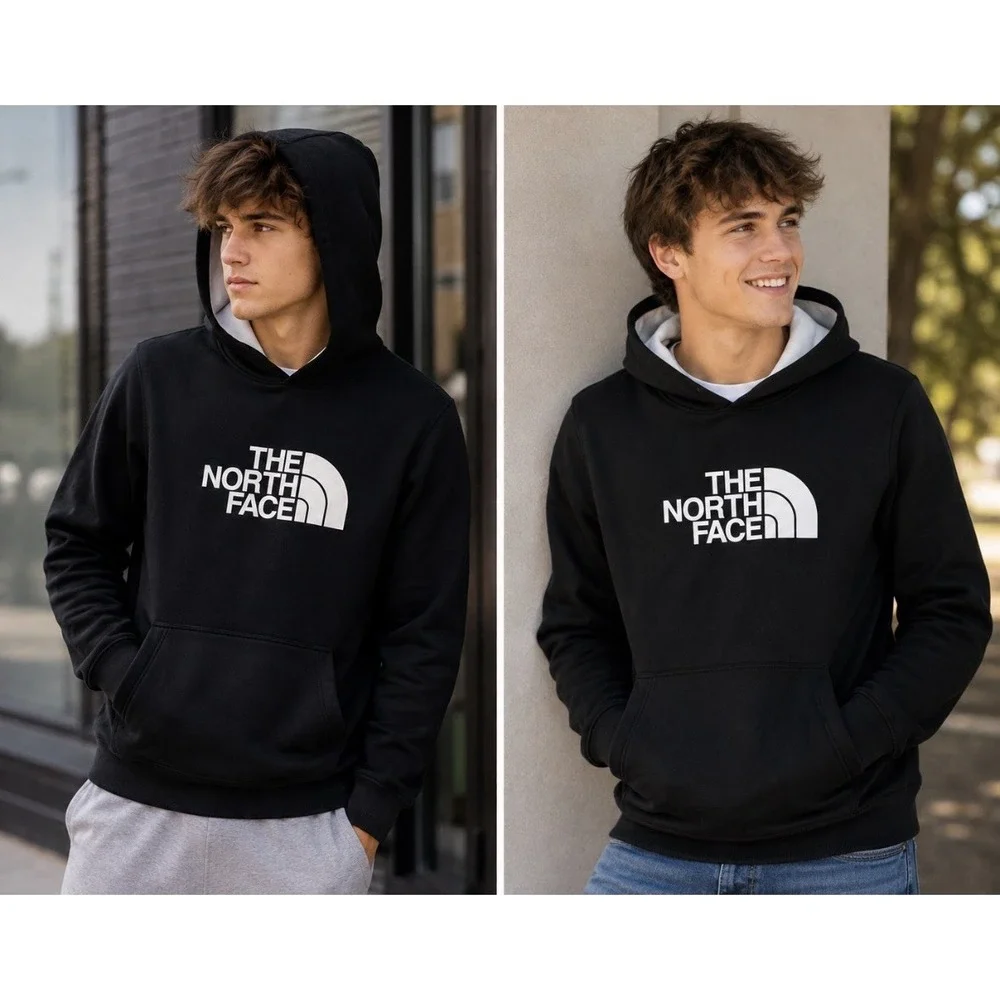The North Face Hoodie Mens Large Black Pullover Fleece Sweatshirt Big Logo